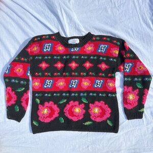 Vintage Adrienne Vittadini Black Sweater with Pink Floral Design